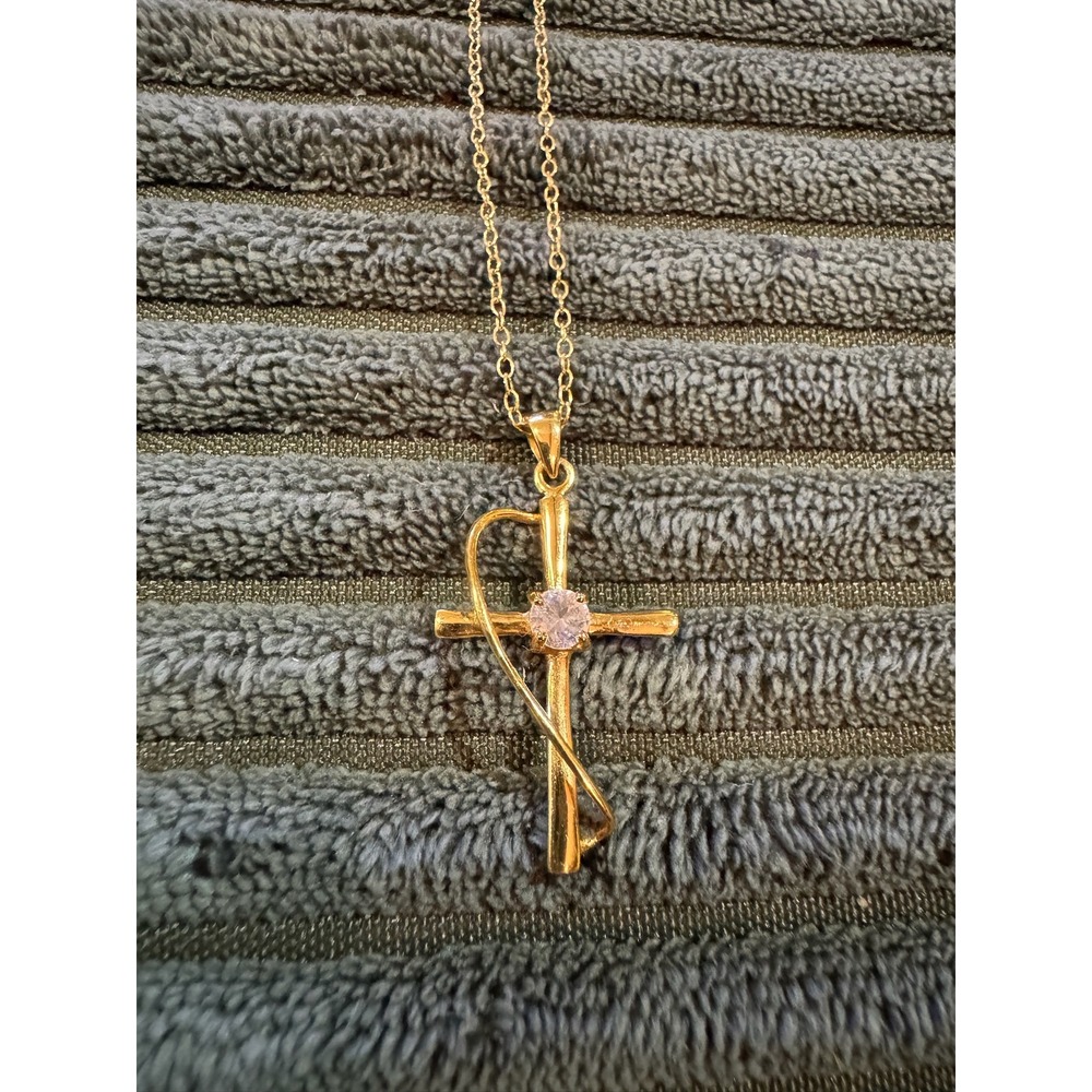 Vintage Stamped HAN 925 THAI Gold Tone Cross Necklace Faith Pendant Chain